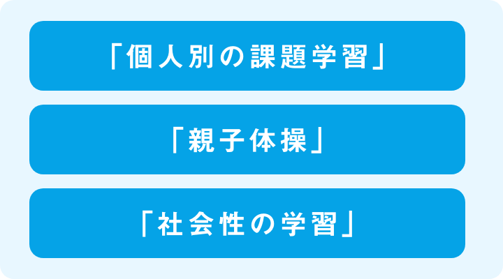「個人別の課題学習」「親子体操」「社会性の学習」